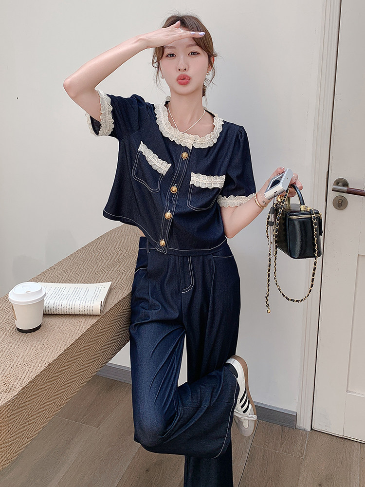 小香风牛仔套装女2025新款夏季超火今年流行爆款时尚阔腿裤两件套,女装套装/套裙,辉之琳