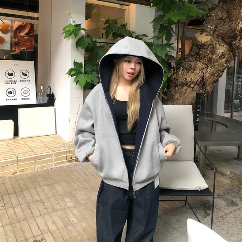 抖音得物高品质二开26春装美式重磅宽松结构双面连帽卫衣外套W68,女装短外套,电商A486