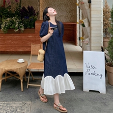 深蓝色复古圆领泡泡袖牛仔连衣裙女2025夏季新款设计感撞色A字裙，女装连衣裙，2C057