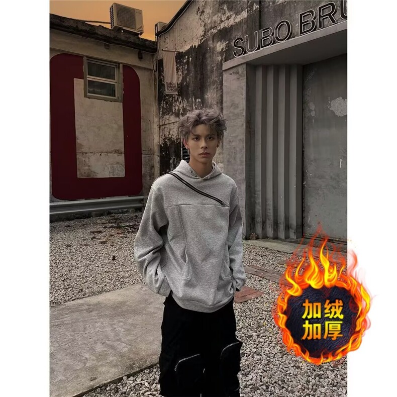 潮连帽卫衣男女春秋拼接解构不规则斜拉链情侣工装重磅痞帅外套图片