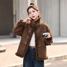 复古羊羔毛外套女冬季新款宽松显瘦皮毛一体加绒加厚上衣，女装羊羔毛/颗粒绒，依多米