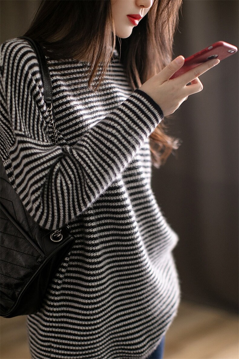 【刘雯同款】黑白条纹羊绒衫女宽松圆领针织衫大毛衣女套头羊毛衫,针织衫/毛衣,恒旺羊绒