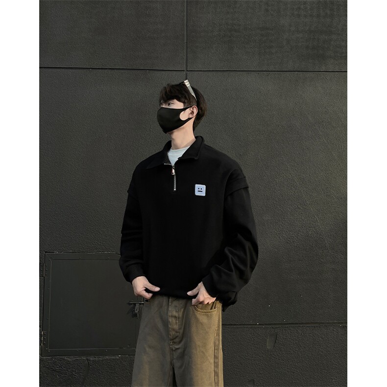 美式男秋季笑脸贴标上衣潮牌ins 翻领减龄学院风常规P65加绒P75图片