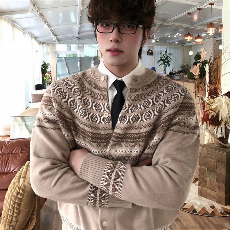 费尔岛提花毛衣开衫男款慵懒高级感老钱风穿搭秋冬季休闲针织外套图片