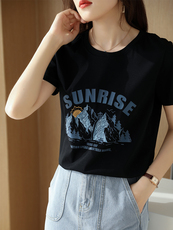 夏季丝光棉t恤女2024新款短款高支纯棉白色短袖绣花潮流烫钻百搭，女装T恤，元素羊绒