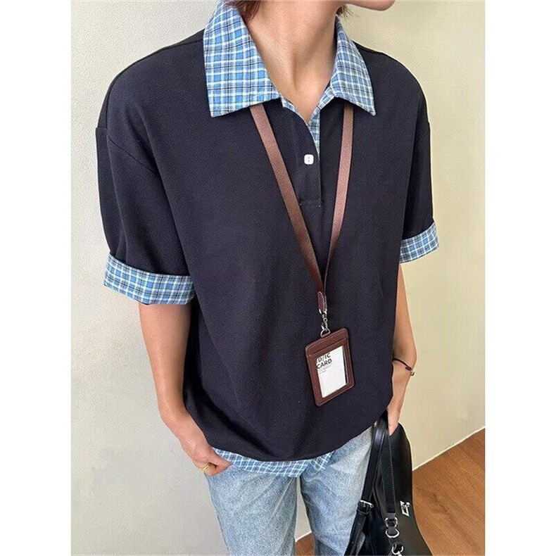 藏青色假两件拼接格纹POLO衫男夏季宽松休闲新款短袖t恤TS091,男装T恤,星座1116A（原606A-3）