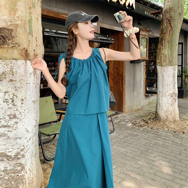 法式甜美减龄背心上衣套装女2025夏季新款显瘦压褶半身长裙两件套图片