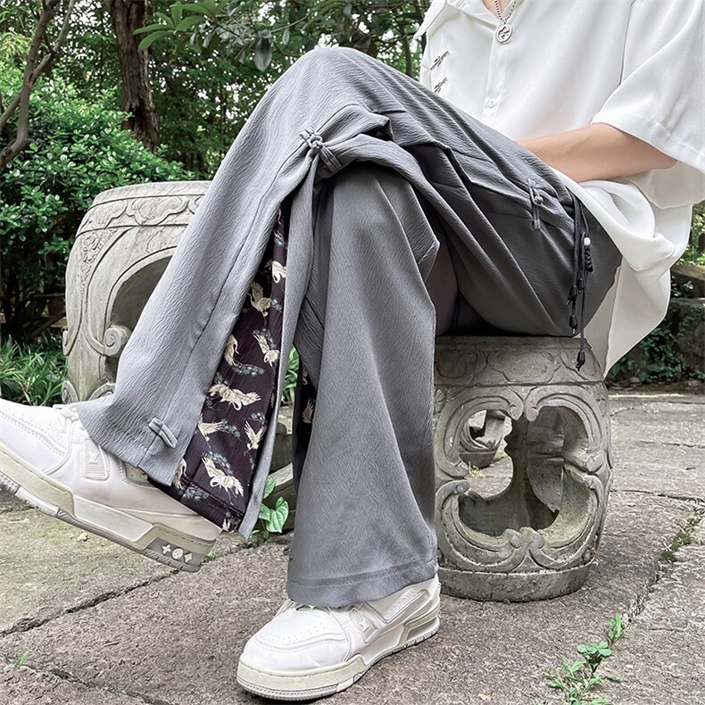 风夏款男冰丝皱长裤侧边开叉盘扣仙鹤印花唐装长裤H8255P43，男装民族服装，星座1013-1