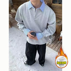 重磅加绒硬挺boxy男女美式高街假两件衬衫领长袖卫衣POLO领打底衫，男装T恤，电商A486