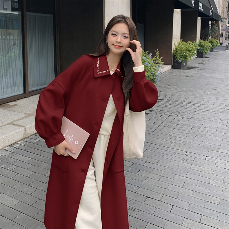 现货新款秒发纯手工缝制订钻宽松休闲双面羊毛呢大衣,女装毛呢外套,丝露怡语