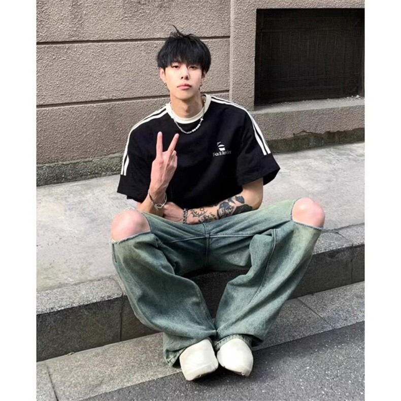 夏季美式高街重磅纯棉三条杠织带撞色男女短袖T恤ZD629-特P30,男装T恤,电商A486-1