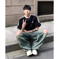 夏季美式高街重磅纯棉三条杠织带撞色男女短袖T恤ZD629-特P30，男装T恤，电商A486-1