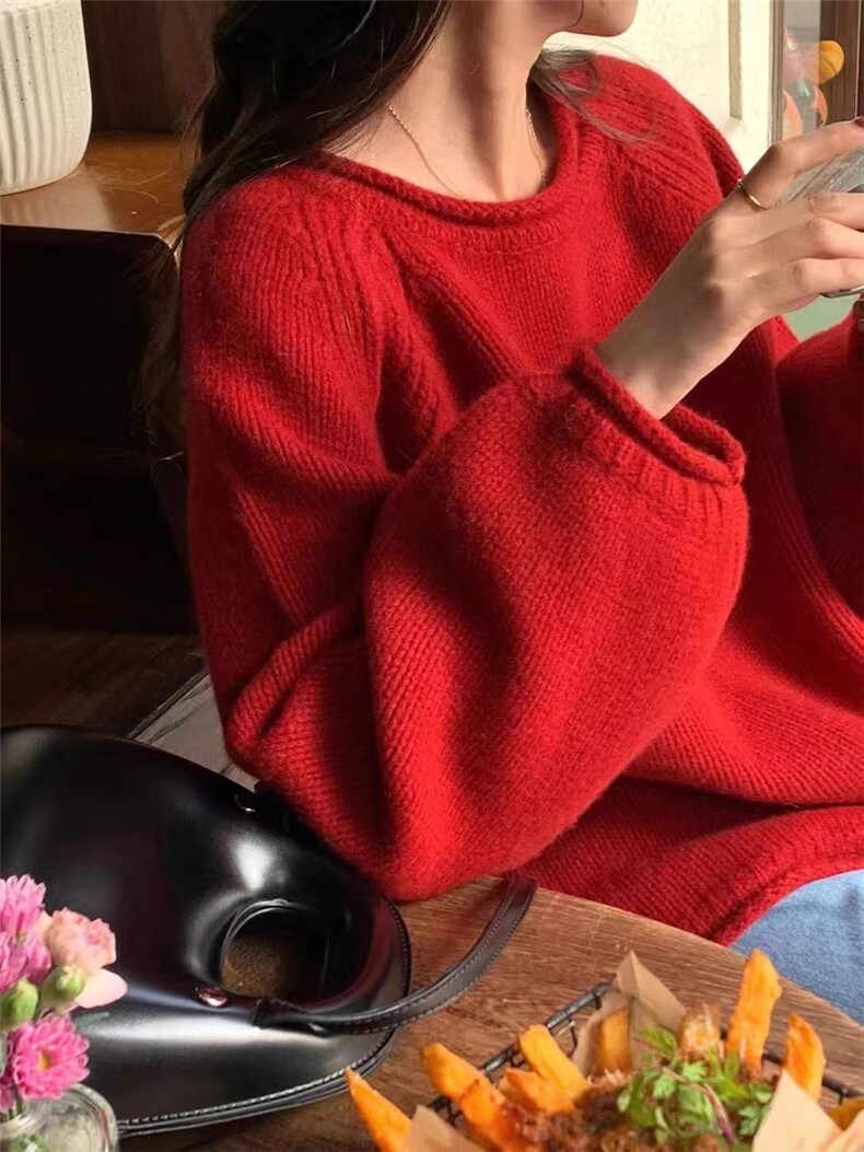 卷边圆领100%纯羊毛衫女加厚宽松慵懒风针织毛衣百搭羊绒打底上衣,女装羊毛衫,恒恩羊绒