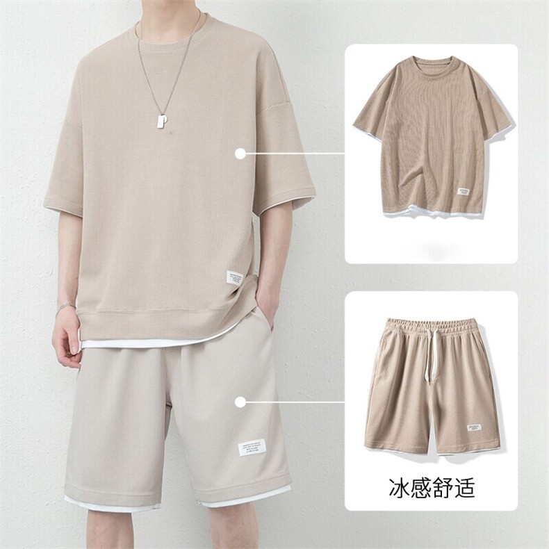 网图7536-P55运夏季套装男短袖t恤男华夫格短裤帅气运动休闲一套，男装牛仔裤，电商D310B-1