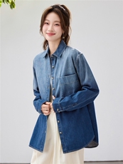 2026年春季新款时尚渐变色单口袋牛仔衬衫女宽松长袖翻领外套衬衣，女装衬衫，艾米