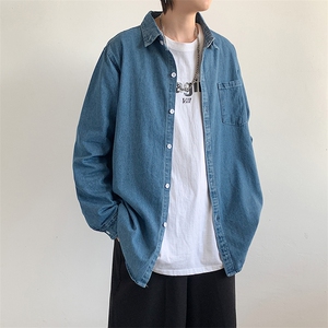韩版潮流春季港风牛仔衬衫男长袖纯色上衣宽松痞帅衬衣 W2444-P42图片
