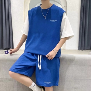 2022华夫格假两件短袖套装男薄款潮流半袖短裤T恤一套 T1151-P45图片