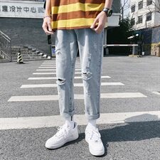 牛仔裤男长裤韩版潮流直筒潮牌ins九分裤宽松破洞乞丐裤，男装牛仔裤，电商A318