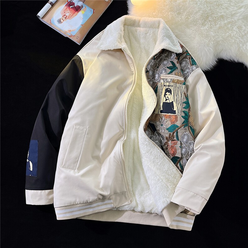 1港风平铺刺绣拼接翻领羊羔毛大码M-5XL棉衣外套男8723P110控148，男装棉衣，星座226-2