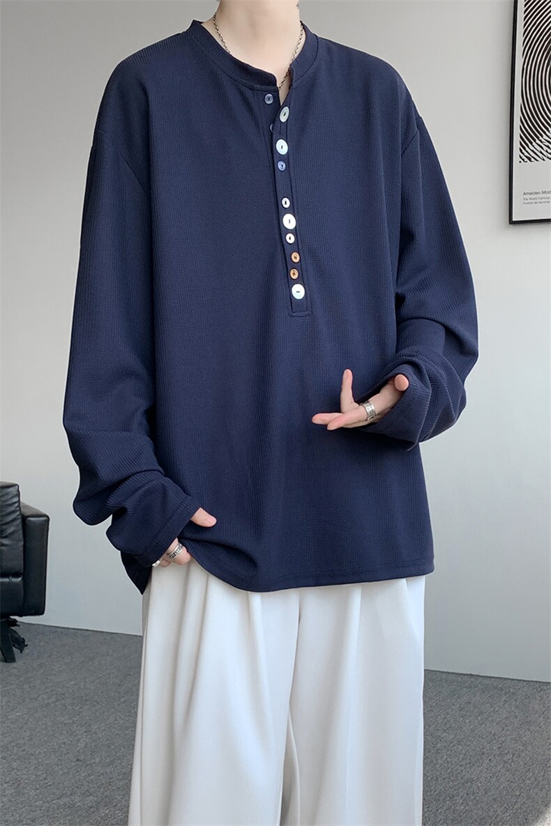 8XL-M慵懒肌理感华夫格廓形云母贝纽扣长袖T恤打底长袖CX3006P48,男装T恤,电商D206-1