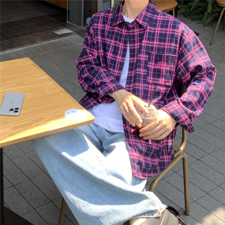 B413-1-DX877美式复古长袖格子衬衫男休闲百搭潮流宽松衬衣外套,男装衬衫,电商B413-1