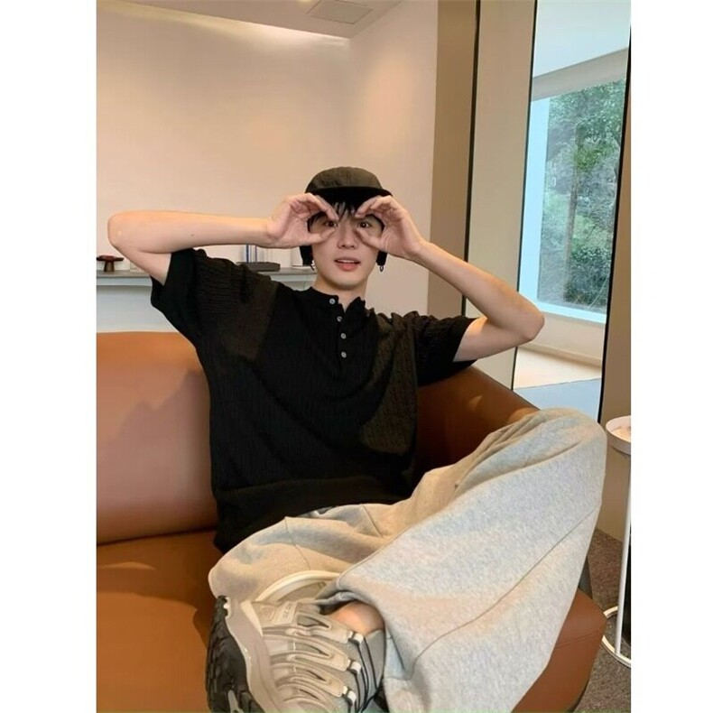 韩版夏季针织纯色套头钮扣短袖上衣男高级感宽松亨利领冰丝,男装T恤,星座506A