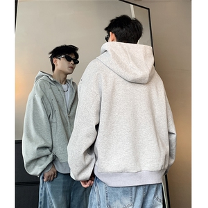 廓形灰色连帽开衫卫衣秋冬季情侣铆钉点缀拉链夹克外套jJK800-P78图片