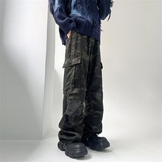 复古迷彩工装迷彩裤潮牌宽松多口袋设计感直筒裤，男装牛仔裤，星座410-7