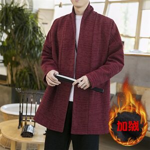 中国风冬款无扣风衣纯色中国风开衫长袖亚麻外套加绒汉服D582P95图片