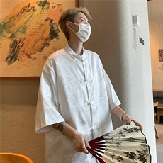 新中式盘扣龙袍短袖白衬衫男高级感风唐装冰丝外套式衬衣夏季，男装衬衫，星座601-2