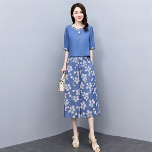 天丝牛仔套装女夏装2024年新款时尚女装休闲气质印花阔腿裤两件套图片