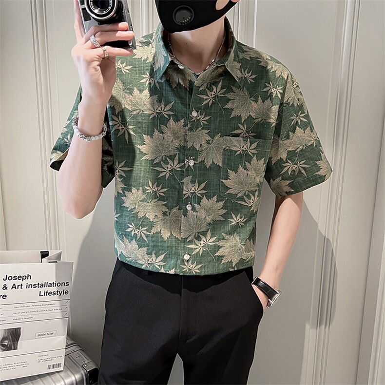 新品树叶花短袖衬衫男装宽松社会小伙衬衣潮牌TZ98P5078,男装T恤,电商B413