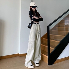 美式工装牛仔裤女2024新款高腰宽松宽松垂感显瘦直筒阔腿裤，男装休闲裤，星座506A