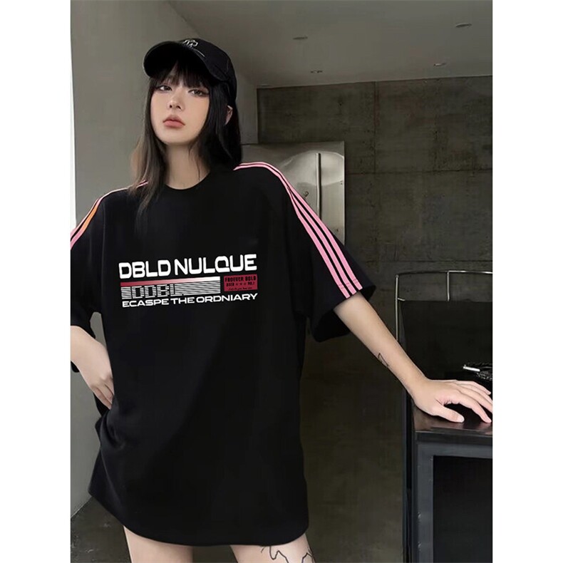 抖音得物品质二开240克宽松纯棉美式潮牌印花三条杠中性风短袖T恤,男装T恤,电商A486-1