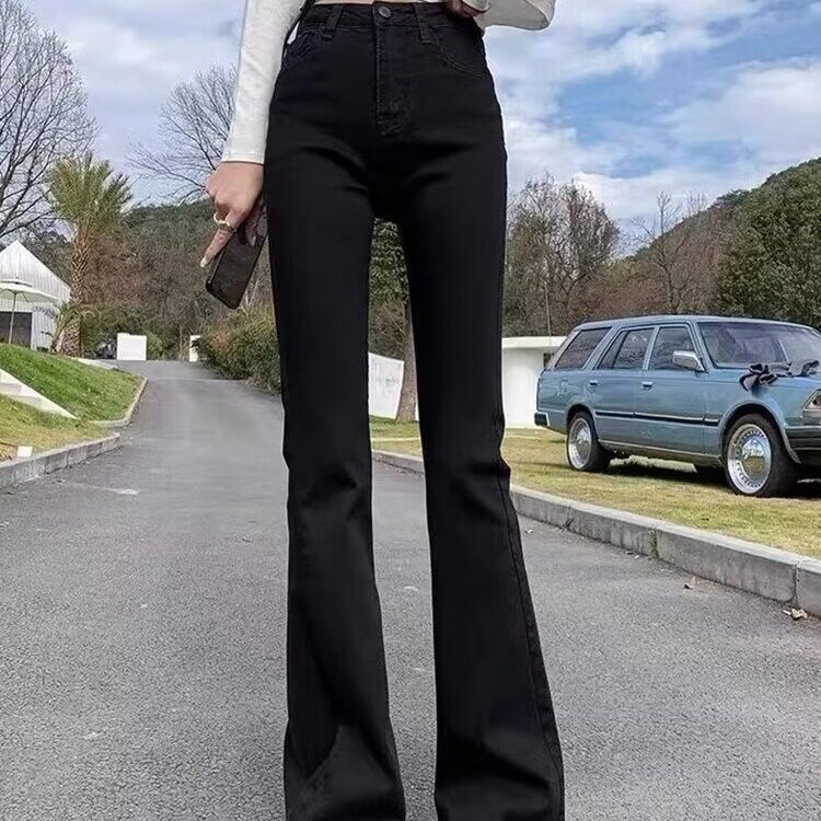 秋冬美式大码胖mm弹力加绒加厚牛仔裤女气质洋气微喇裤韩版ins潮图片