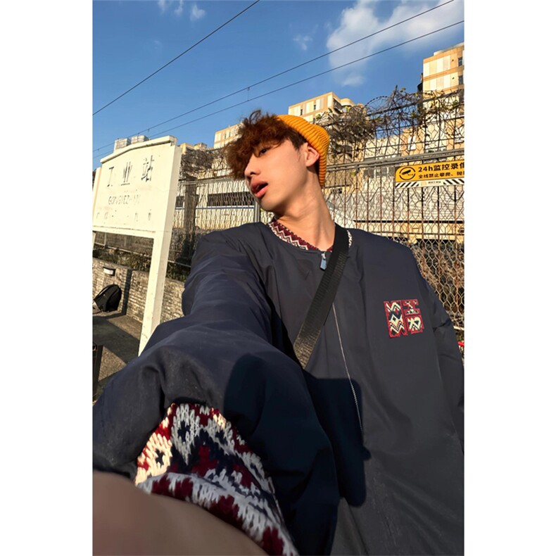 网图有货藏蓝色民族提花拼接品质夹棉棒球服棉衣外套男A234-P88，男装棉衣，星座1505