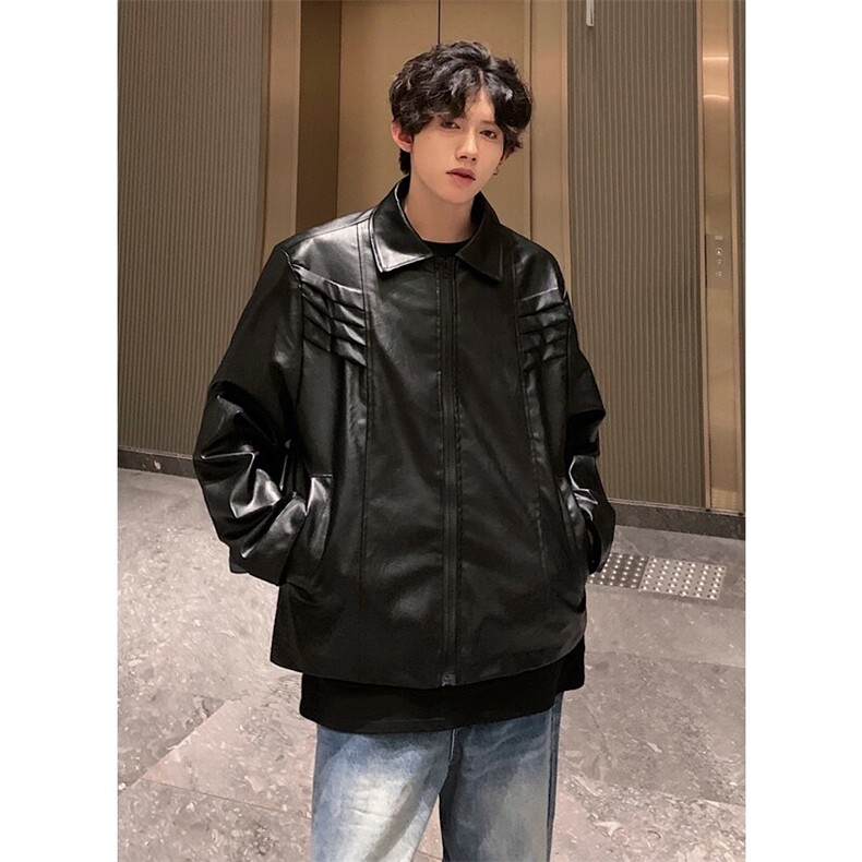 白色短款垫肩外套男款夏季薄款鲨鱼鳍皮衣痞帅高级感解构翻领夹克图片