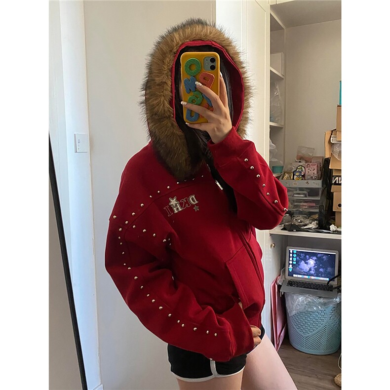 美式复古铆钉毛领连帽开衫外套秋新款拉链上衣，女装短外套，星座506A