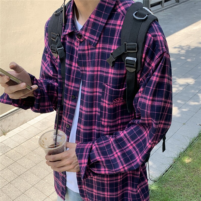 B413-1-DX877美式复古长袖格子衬衫男休闲百搭潮流宽松衬衣外套,男装衬衫,电商B413-1
