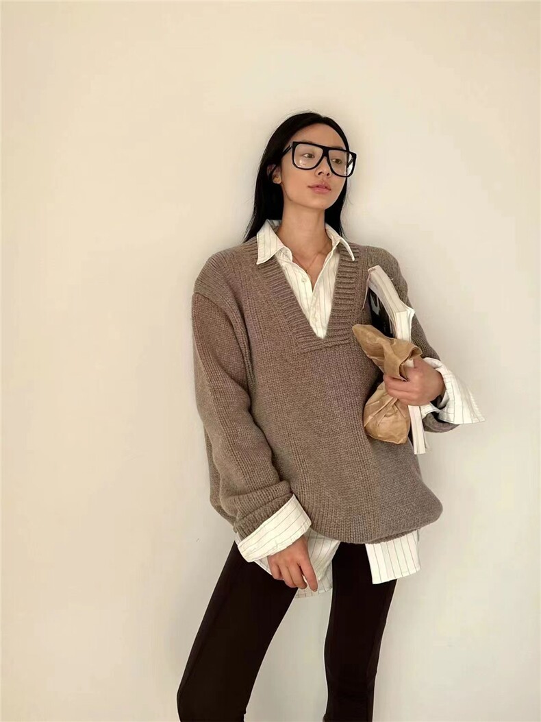 高端软糯廓形V领衫女打底羊毛针织衫慵懒宽松加厚毛衣,女装羊毛衫,恒恩羊绒