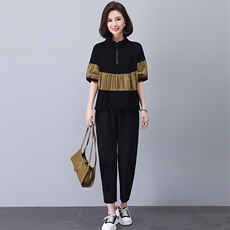 时尚洋气女套装2023年夏季新款短袖拼接上衣时髦中年妈妈装两件套，女装套装/套裙，涵誉