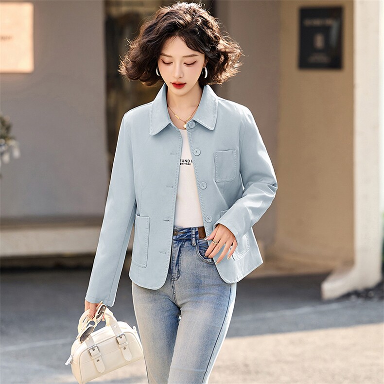 皮衣外套女短款2025新款春秋高级感复古气质休闲翻领PU皮夹克上衣,女装皮衣,魅丽静蓝