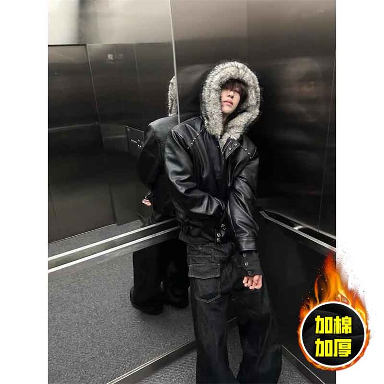现货冬季美式潮牌痞帅PU皮机车服棉衣毛毛绒狼王座山雕皮棉服,男装棉衣,电商A486-1