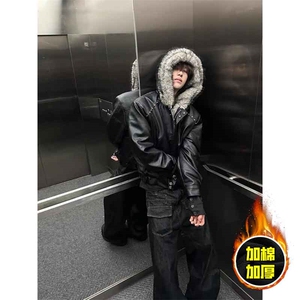 现货冬季美式潮牌痞帅PU皮机车服棉衣毛毛绒狼王座山雕皮棉服图片