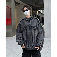 短款牛仔外套男潮牌复古水洗做旧宽松垫肩夹克8854P72，男装工装外套，星座410-2