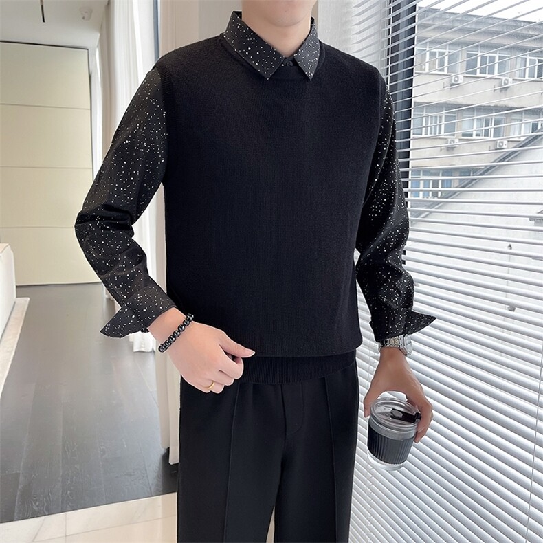 秋冬质感衬衫领毛衣假两件针织衫套头毛衣衬衫袖毛衣B261-M02-P85图片