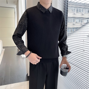 秋冬质感衬衫领毛衣假两件针织衫套头毛衣衬衫袖毛衣B261-M02-P85图片