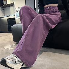 紫色工装阔腿牛仔裤女2025新款男女显瘦宽松弯刀裤子W2508P40，男装牛仔裤，星座1112-1