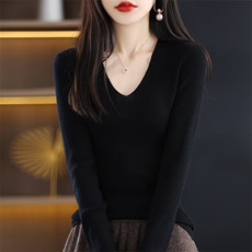秋冬季羊毛精纺休闲百搭时尚修身V领内搭羊毛衫，女装羊毛衫，朝思羊绒