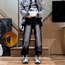 美式hiphop裤子ins高街正反口袋牛仔裤男直筒宽松休闲裤N1332-P45，男装牛仔裤，星座1008-1